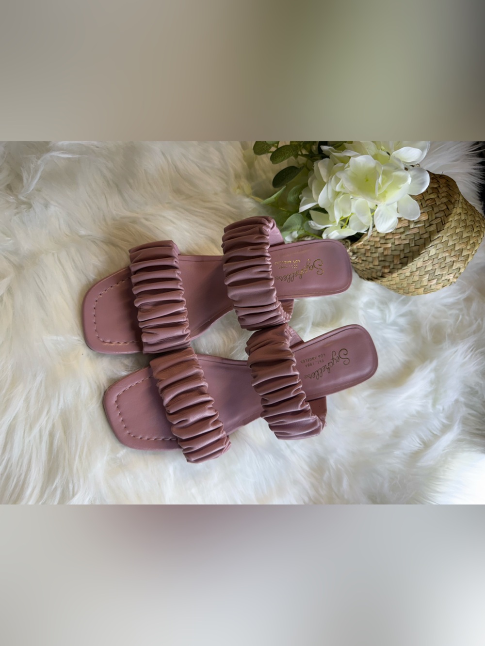 Seychelles Ruched Double-Strap Slide Sandals in Mauve